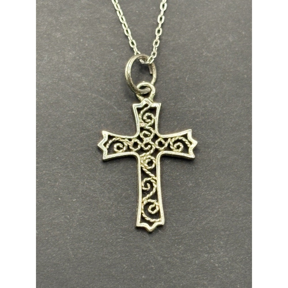 Vintage Sterling Silver 18" Scroll Cross Pendant Necklace 925 G2